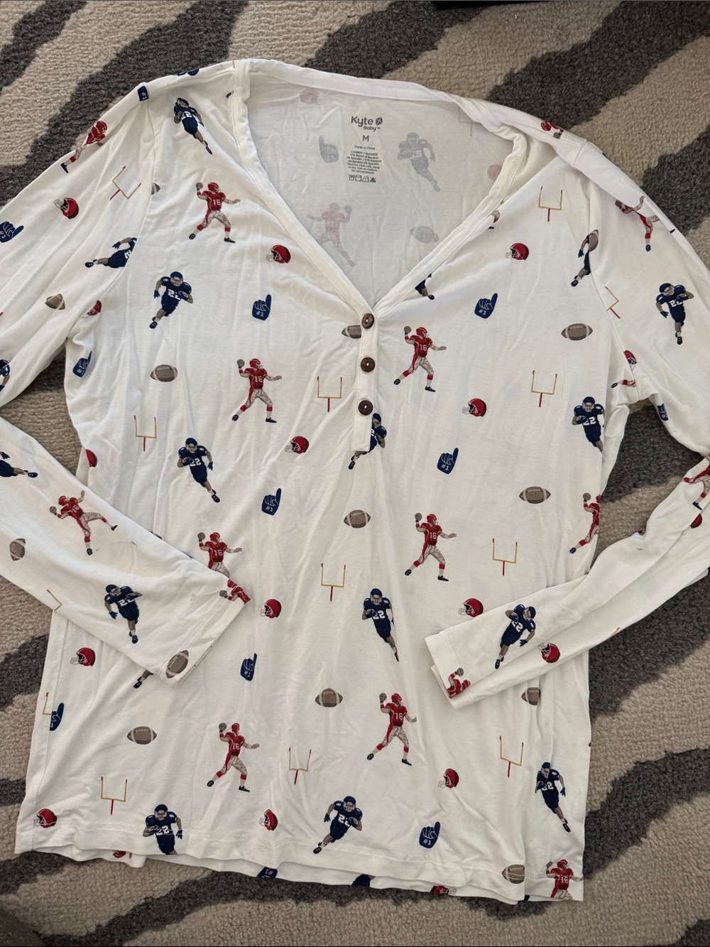 Kute White Football Print Long Sleeve Henley